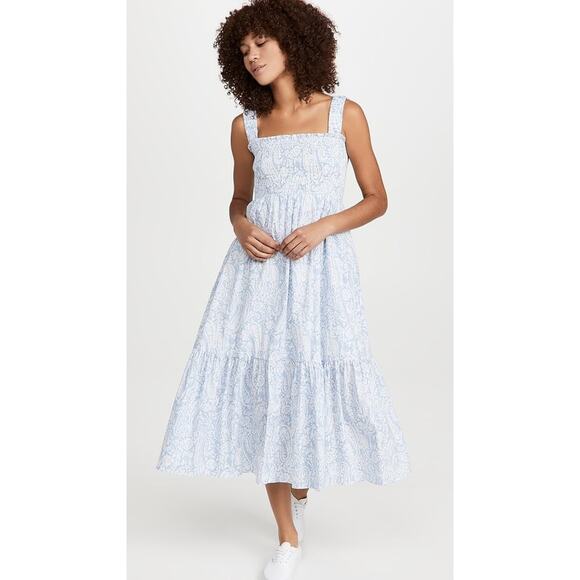 OPT Cotton Isla Dress Blue Paisley Print Sleeveless Smocked - L - Picture 3 of 6